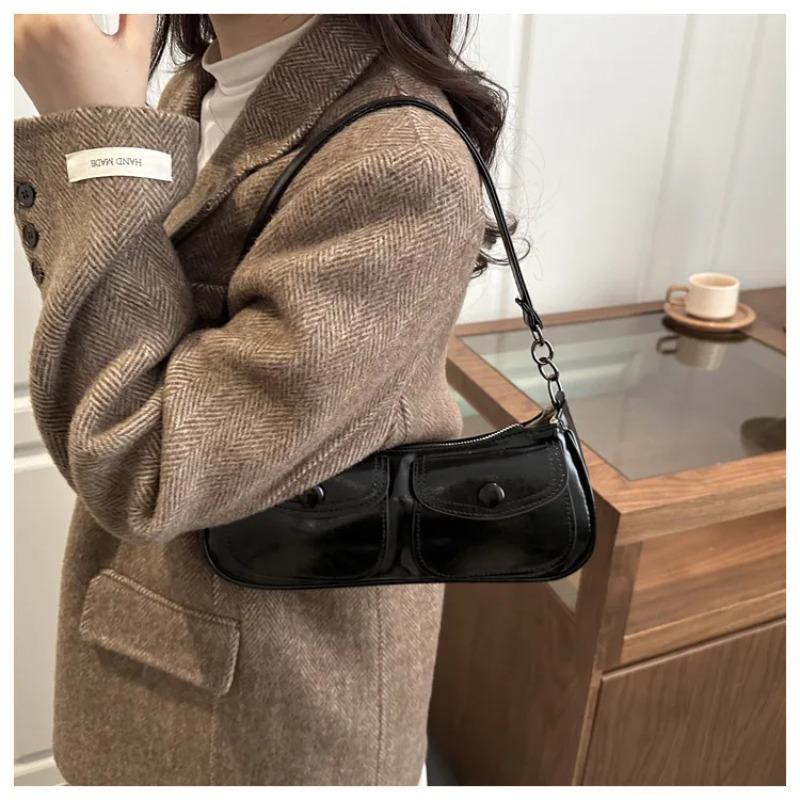 Vintage Double Pocket Design Shoulder Bags for Women Solid Color Ladies Pu Leather Underarm Bag Simple Portable Female Handbags