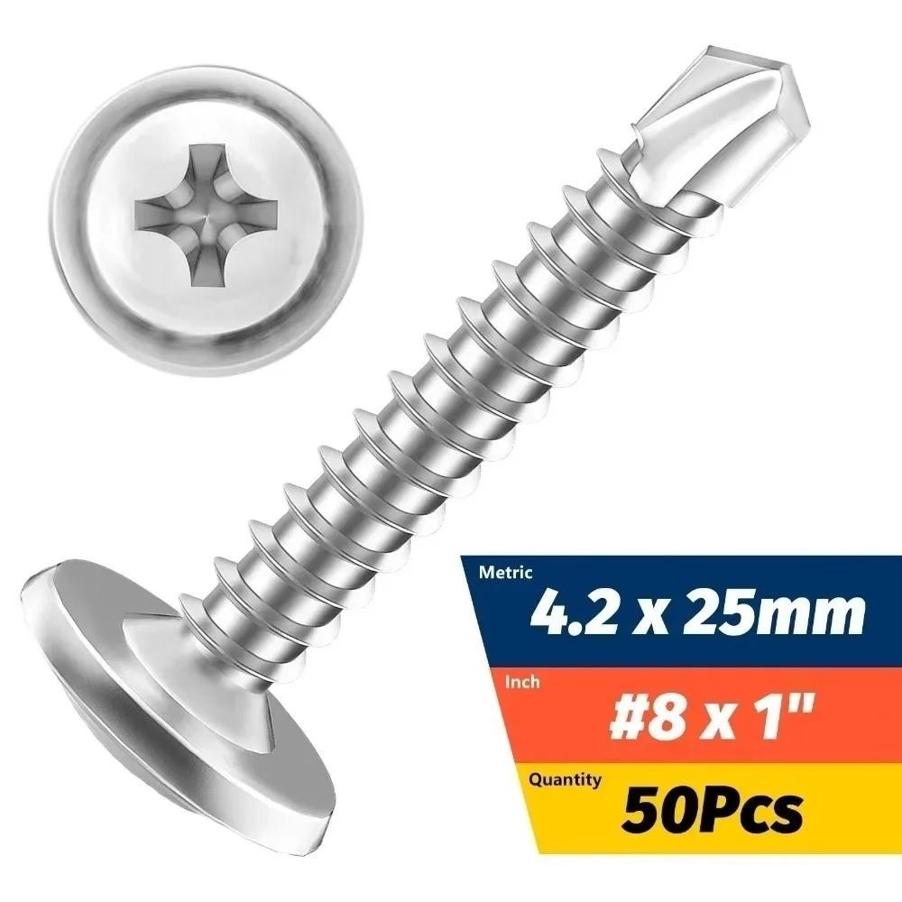 50PCS Stainless Steel Self Tapping Screws Flat Head Cross Phillips Metal Screws High-Strength Round Washer Self Drilling Screws