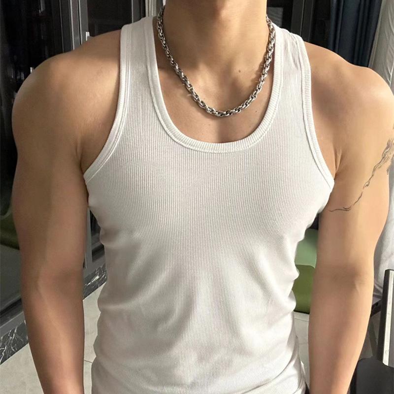 Men's Heavyweight White Ribbed Crew Neck Summer Tank Top - Elastic, Sweat-Wicking Fitness Wear