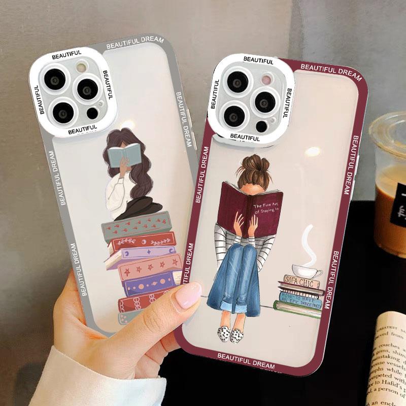 Read Book And Coffee Girl Clear Phone Case Cute Cover for iphone 13 14 12 11 Pro Max 7 8 Plus SE2 X XS XR Transparent Back Cover