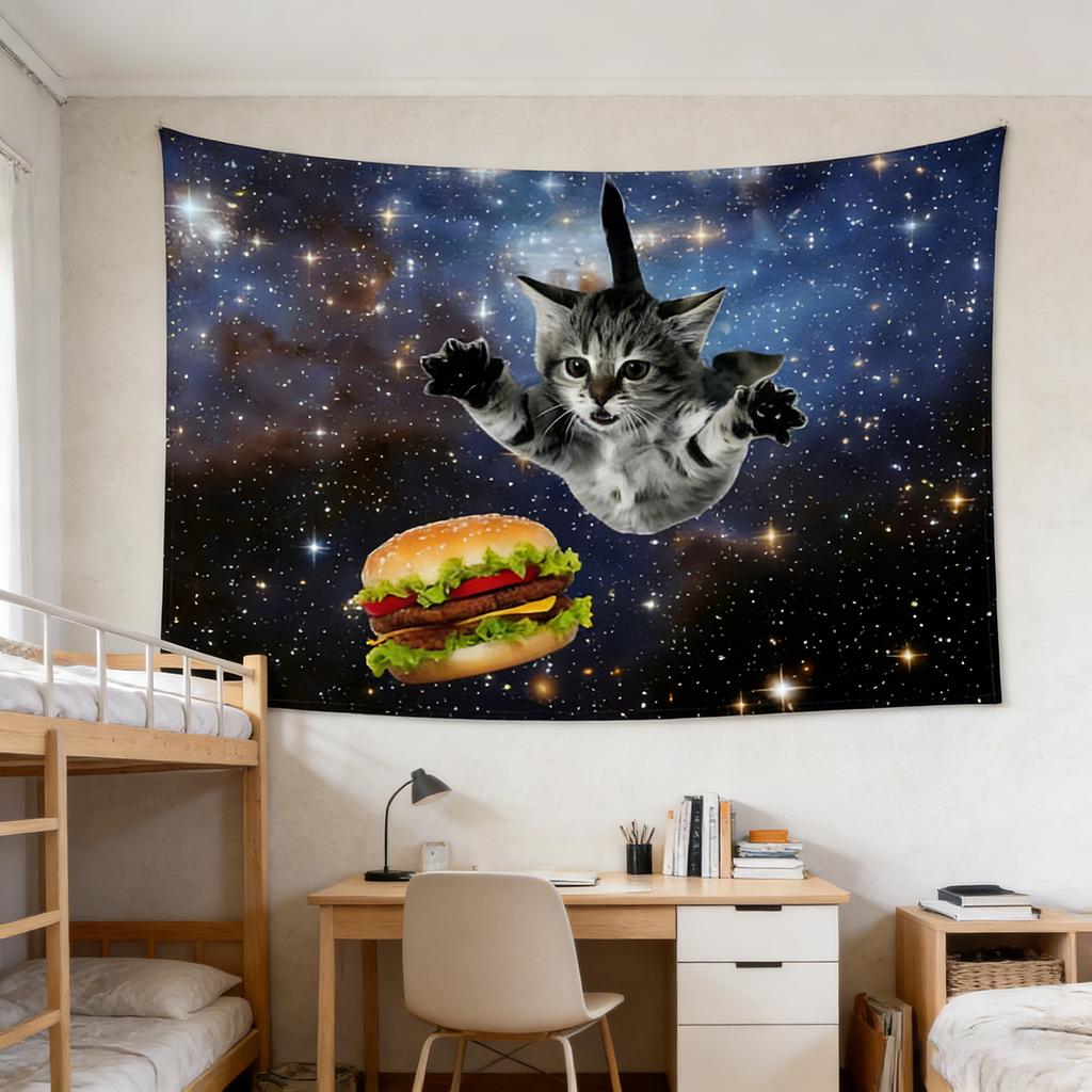 Cosmic Cat Chase Wall Tapestry Polyester Bedroom Wall Decor for Dorm Party Team Activity Outdoor Use Graduation Birthday Gift