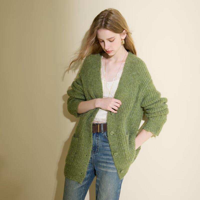Sancai V-Neck Relaxed Fit Fuzzy Knit Cardigan