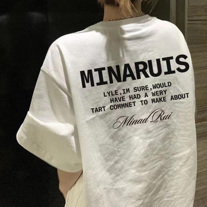 

Pure cotton white American retro heavy T-shirt women s short-sleeved summer medium and long loose front shoulder couple t-shirt top 3XL