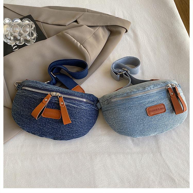 Vintage Denim Brusttasche für Damen Mode Vielseitige Reißverschluss Crossbody Bauchtasche mit Verstellbarem Breitem Schultergurt Stilvolle Outdoor-Hüfttasche