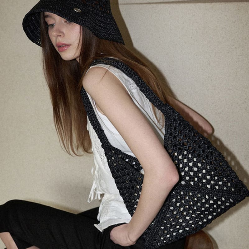Slowslowly Fruit Handmade Crochet Raffia Bucket Hat _ Black