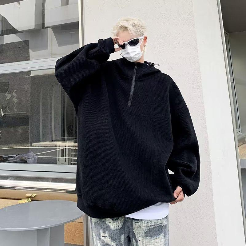 

Sweater Men s Half Zipper Hooded Spring and Autumn Trendy Brand High Street Jacket American Loose Casual Clothes 3XL чорний