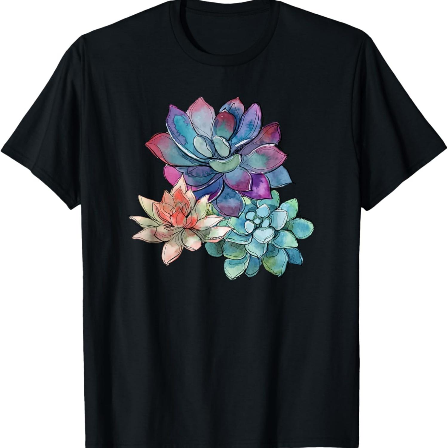 

Succulent T-Shirt Beautiful Watercolor Succulents Plants Tee T-Shirt S чёрный