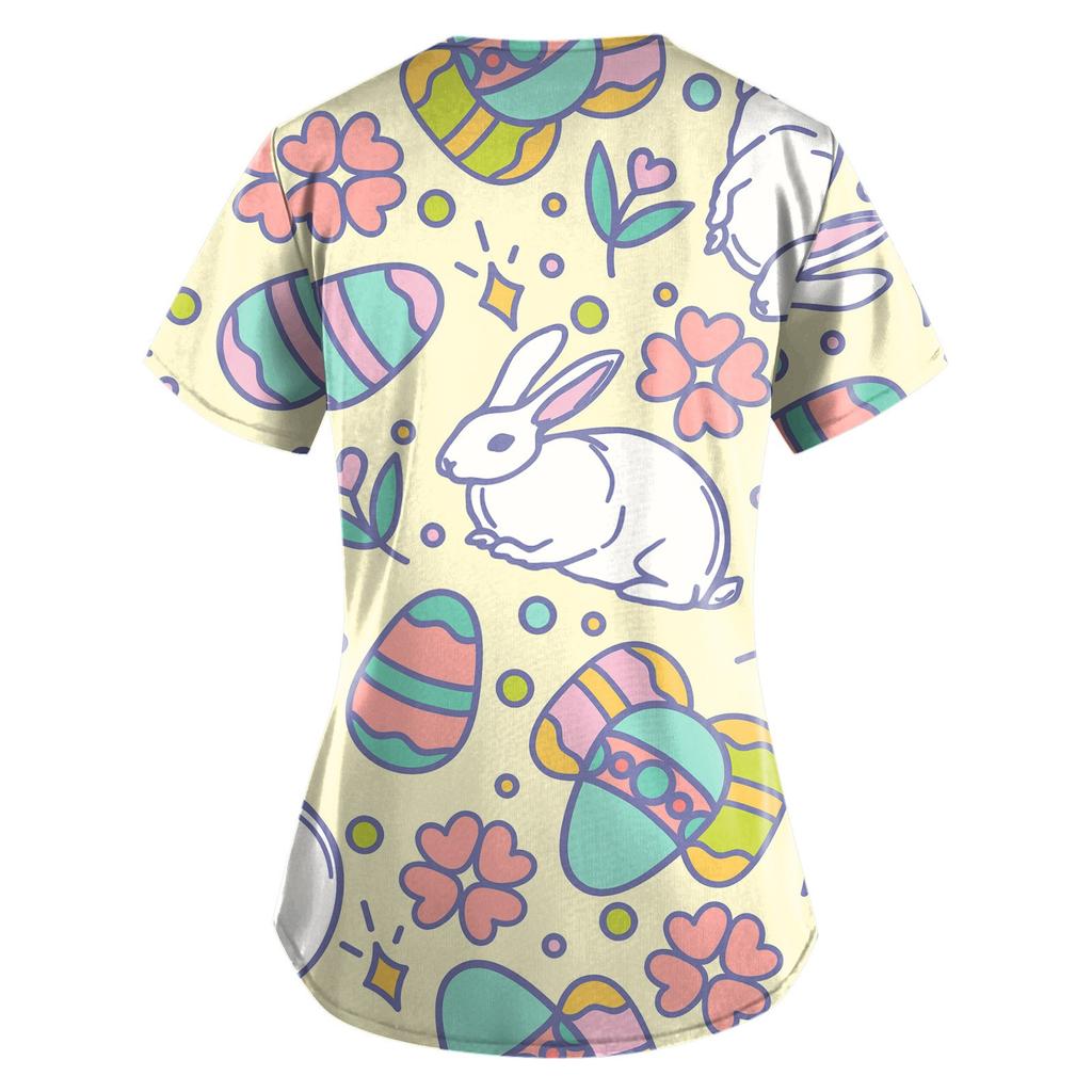 Women Fashion Easter Print V-neck Short Sleeve Workwear With Pockets Tops