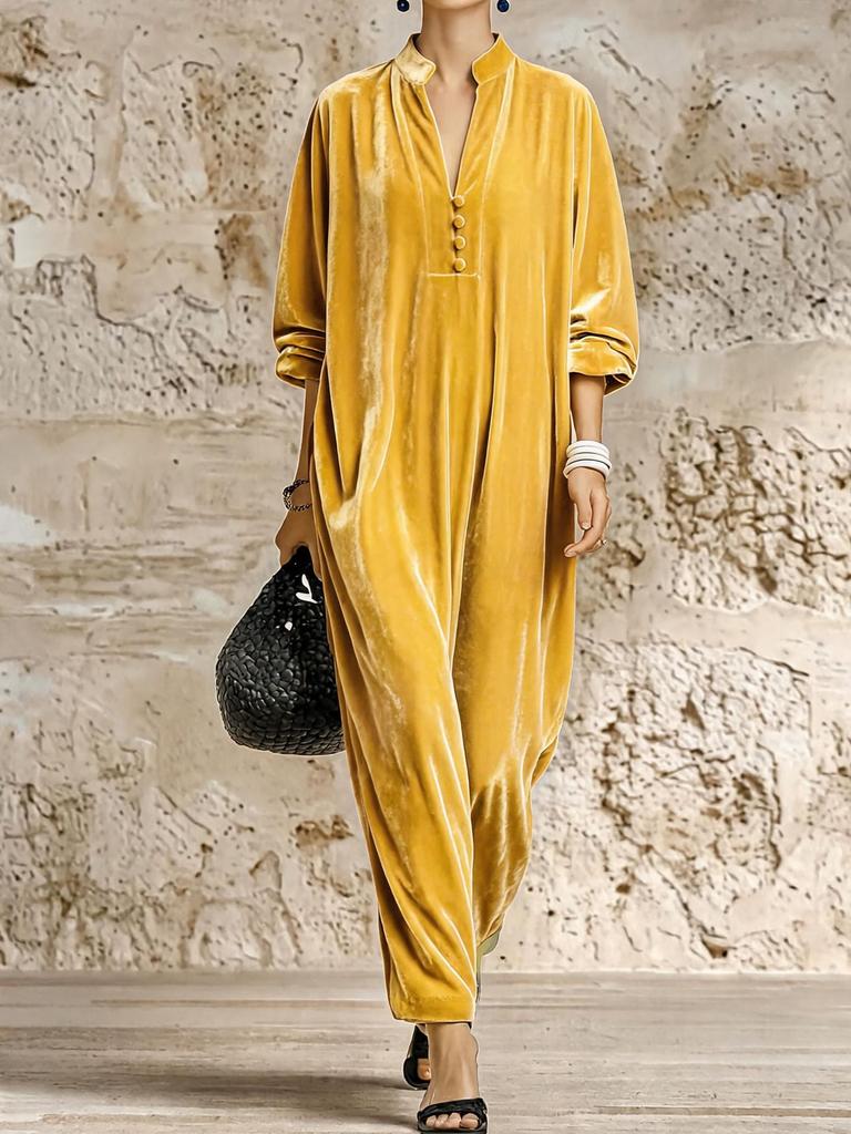 Abito autunnale e invernale da donna europeo e americano tinta unita scollo a V largo ed elegante stile velluto manica lunga a lanterna