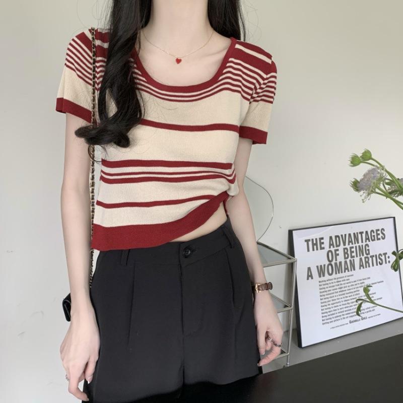 Fashion Knit Large Round Neck Striped Summer Design Sense Short Short-sleeved Tops Casual Summer Essential Comfort and Style Slim Fit Pullovers Tees