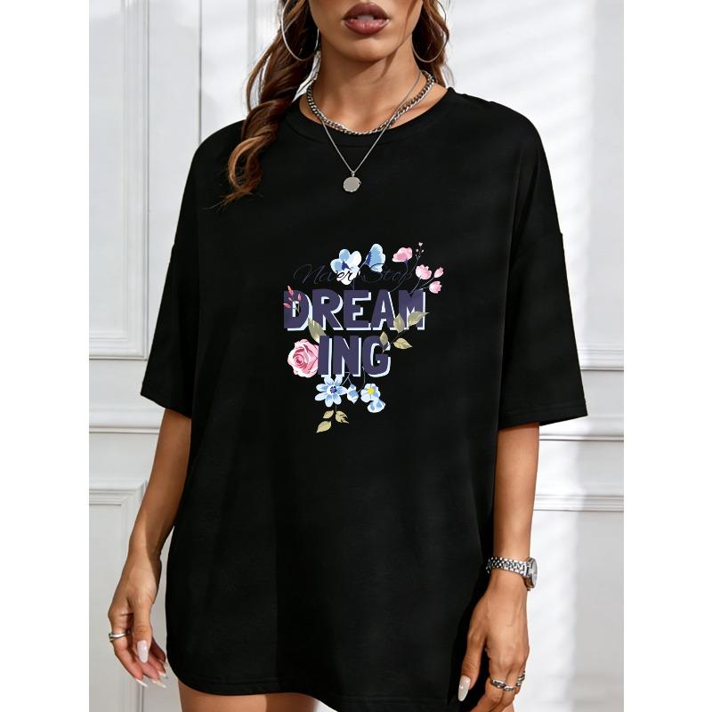 Women's White T-Shirt With Dreaming Floral Print And Text For Casual Wear