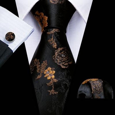 Mens Black Tie Stylish Floral Woven Silk Necktie Handkerchief Cufflinks Set
