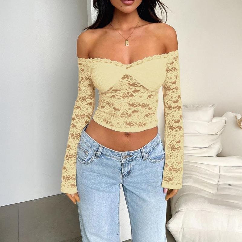 T-shirt Sexy a Manica Lunga Y2K Pizzo Donna Monospalla Svuotato Slim Top