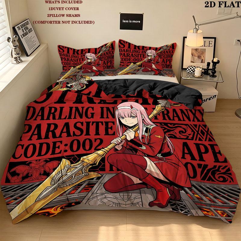 Pościel z wzorem Franxx Zestaw kołdry Poszewka na kołdrę Poszewka na poduszkę Domowy Prezent Urodzinowy(1 * poszwa na kołdrę + 2 * poszewki na poduszki, bez rdzenia)