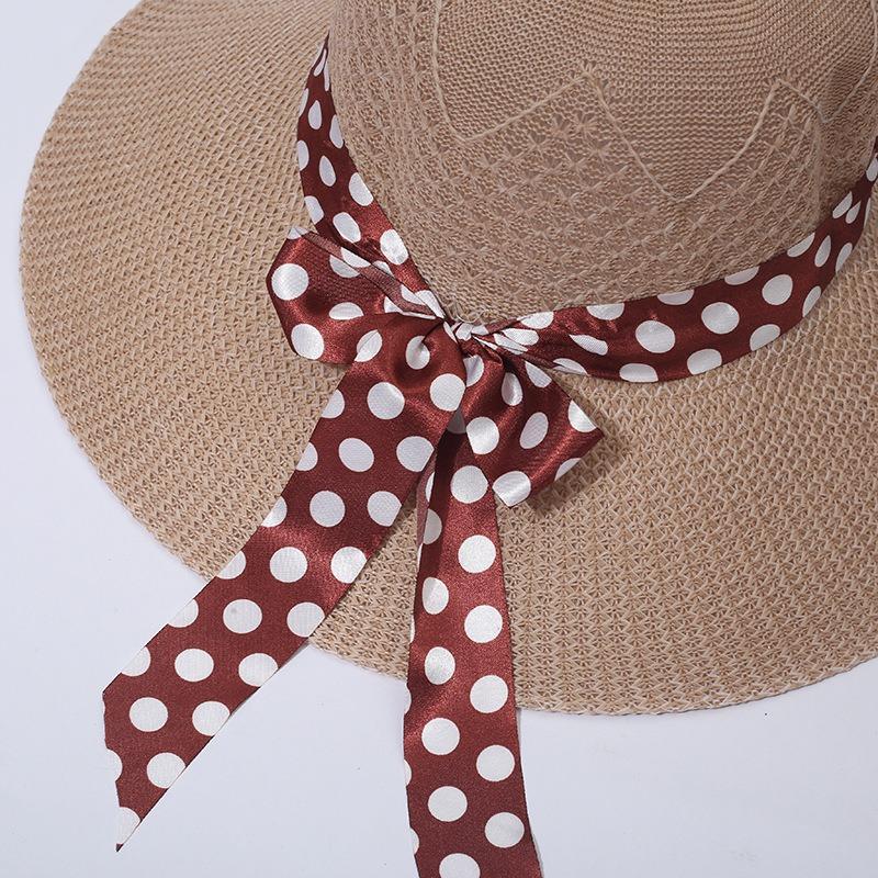 Summer new hat women's polka dot bow streamer straw hat travel beach hat big edge sun hat