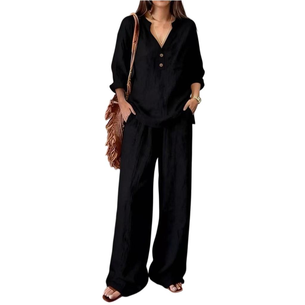 Women's Two-Piece -color Cotton And Linen Long-sleeved V-neck Top Straight-leg Casual Trousers Set