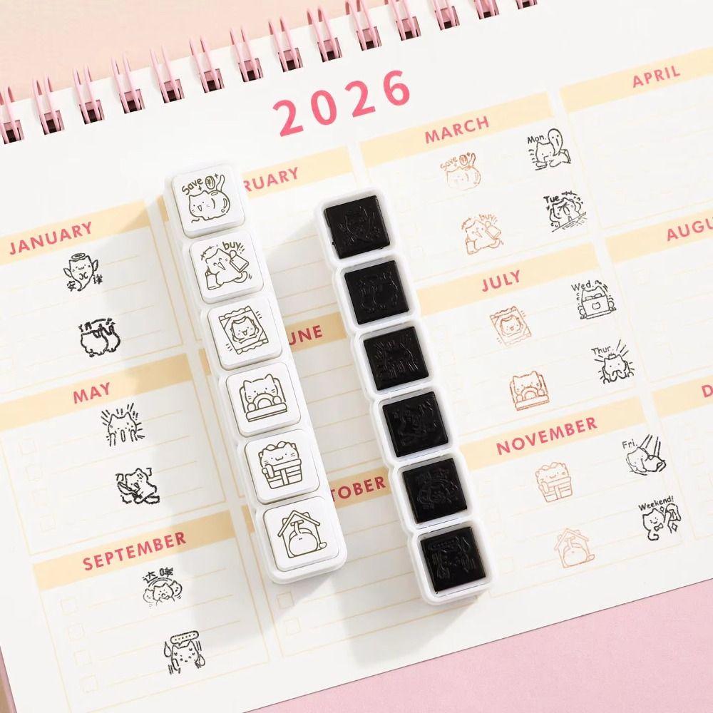 6Pcs Six Seal Set Kawaii Kitten Seal Black/Brown Cartoon Pattern Stamps Cute Cat Stamp  DIY Craft