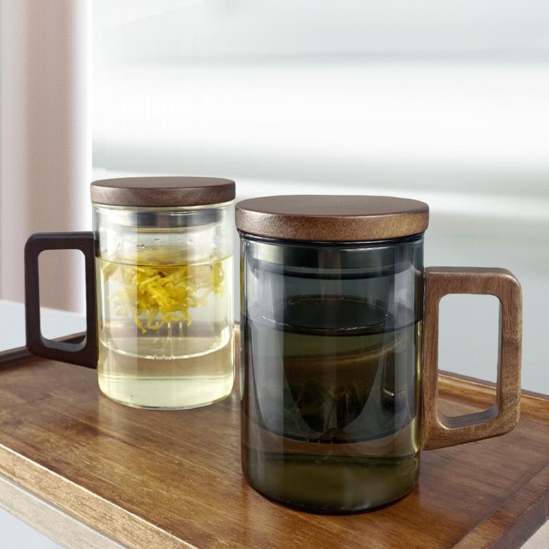 Tasse à Thé avec Séparation Eau/Thé Grande Capacité Ménage Résistante à la Chaleur Verre Tasse à Eau Bois de Noyer Verre Borosilicaté Élevé Tasse en Trois Pièces