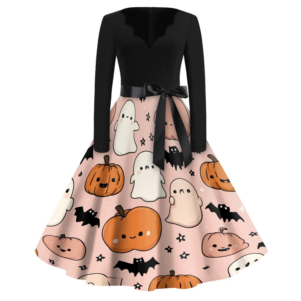 Women's Vintage V Neck Dress Long Sleeve Casual Halloween Print Retro Style Fit and Flare Midi Dress with Waist Tie and Floral Skeleton Cat Pattern