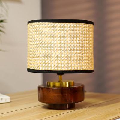 Tafellamp voor Slaapkamer, Woonkamer Houten Basis Nachtlampje op Nachtkastje E27 Fitting Eenvoudige Montage, Rotan Stof Lampenkap Cadeau 35,56 cm