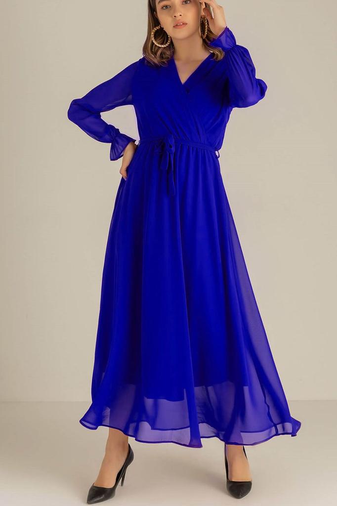 Women's Big Size Dress Saks Long Double Breasted Neck Wrap Chiffon Plus Size Dress