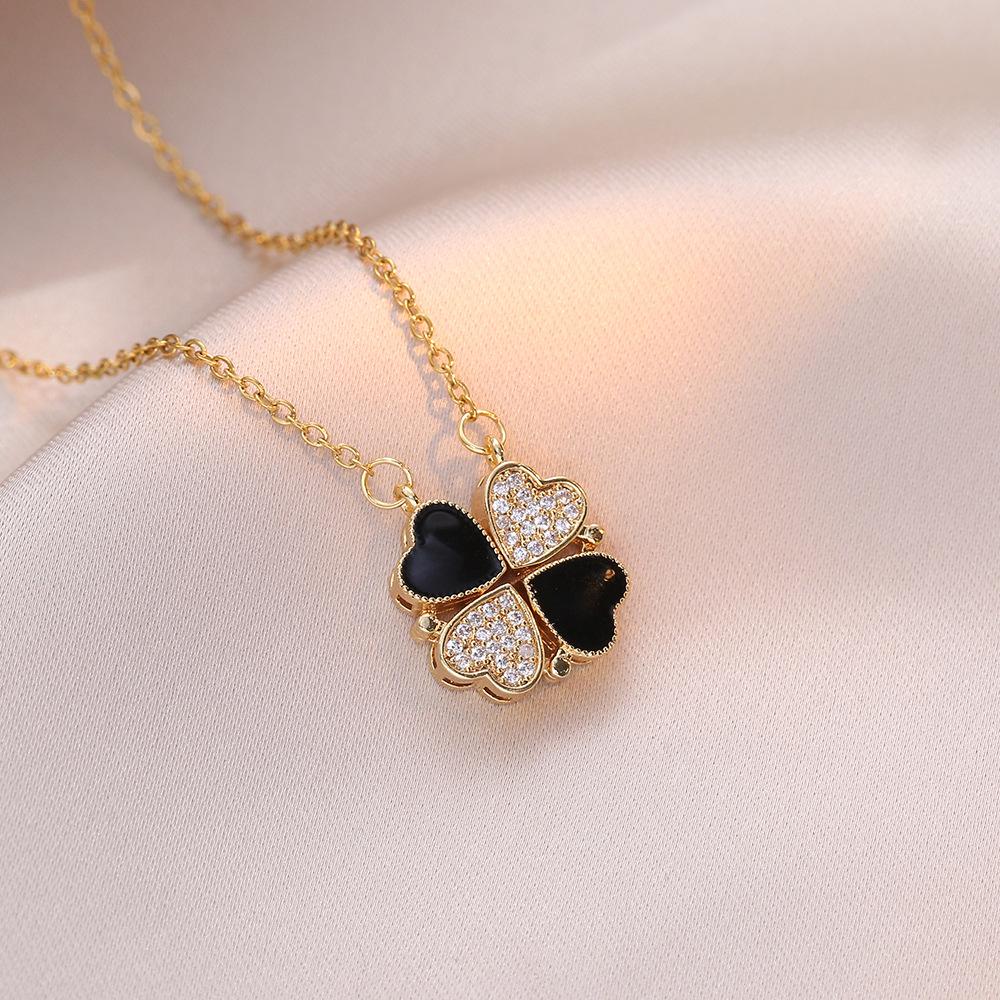 Women's Japanese Korean Folding Fashion Two-Wearing Four-Leaf Flower Heart-to-Heart Clavicle Necklace Zircon Copper Water-Wave