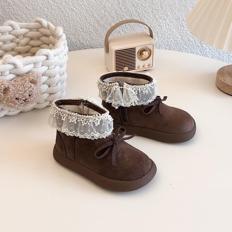 Mädchen Kurzstiefel im koreanischen Stil mit Fleecefutter und Schleife - 2025 Herbst/Winter Prinzessin Baumwollschuhe für Kinder