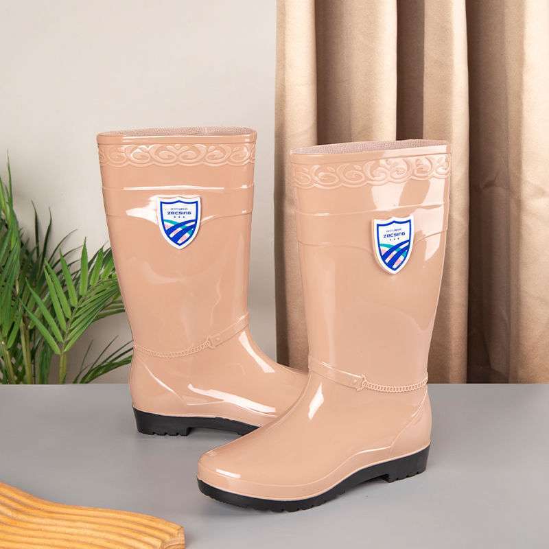 High tube rain shoes water shoes women's long tube rain boots warm beef tendon thick sole catch the sea water boots car wash kitchen work rubber shoes