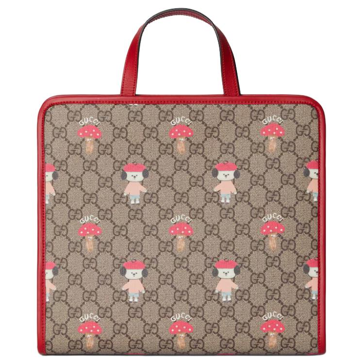 Gucci GG Supreme Bear And Mushroom Print Tote Bag Kids Tote Bags Beige Dark-Brown 605614-FADWJ-9742