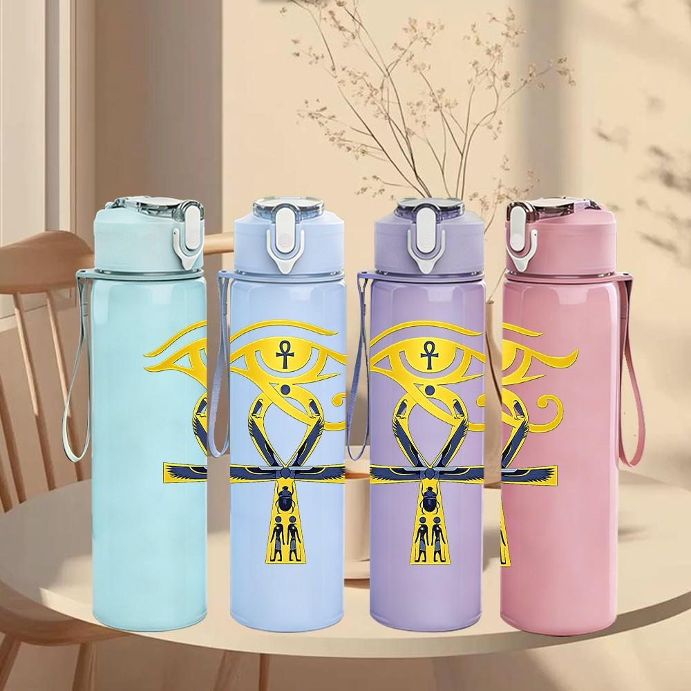 1PC Egyptian Golden Ankh Symbol Print 750ml Color Plastic Sports Water Bottle Leakproof Flip Straw Lid Suitable for Sports Office Home Use