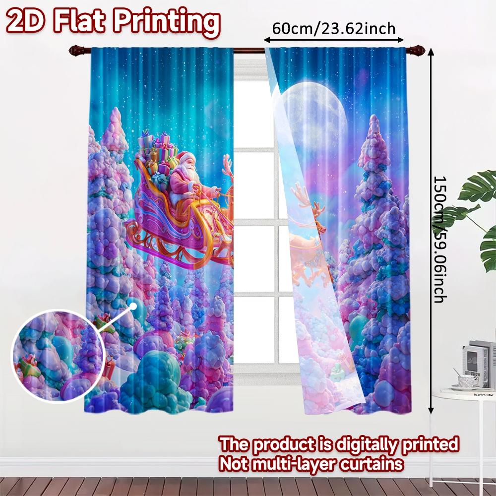 2pcs, 2D FLAT PRINTING Curtains (Without Rod) Santa Sleigh Ride Halloween Festival Creative Curtains Polyester Curtains