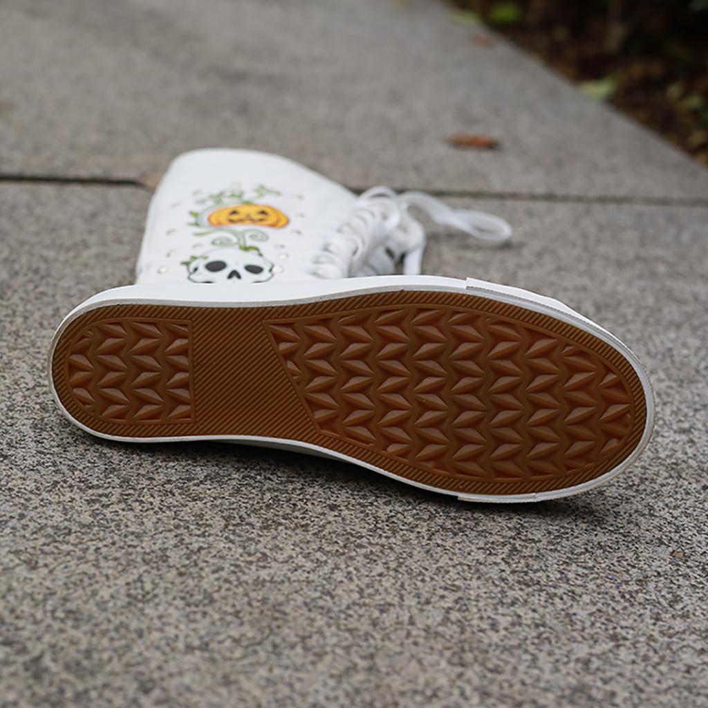 1 Paar lange Damen-Canvas-Stiefel bis zum Knie, Halloween- und Nietenverzierung an der Außenseite, Reißverschluss an der Innenseite, modische flache hohe Stiefel