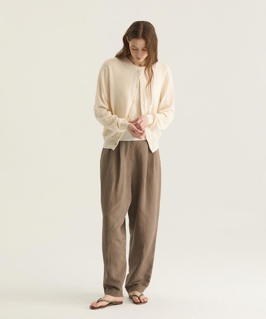Oatmeal Cafe Linen Round Neck Cardigan - Ivory