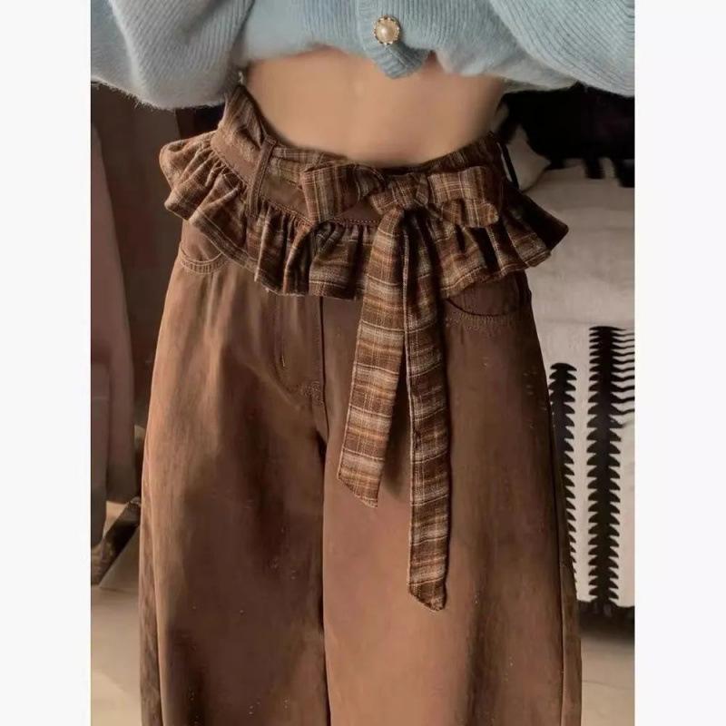 

Ретро кофейные джинсы с кружевной вставкой, женские джинсы с высокой посадкой, клетчатые бретели, свободные повседневные брюки широкого покроя XL коричневый