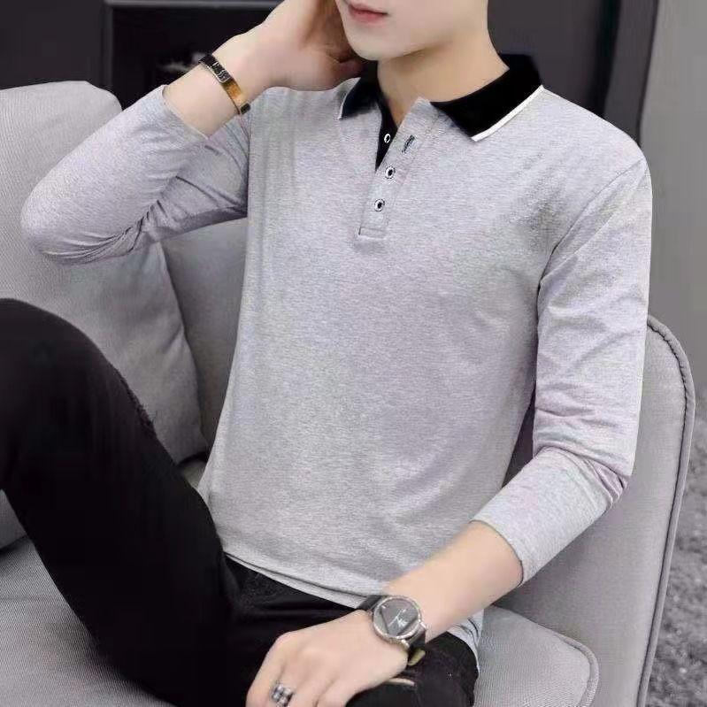Camisa polo masculina outono e inverno negócios casual lapela meia-idade e jovens lideram a tendência do outono manga longa camiseta