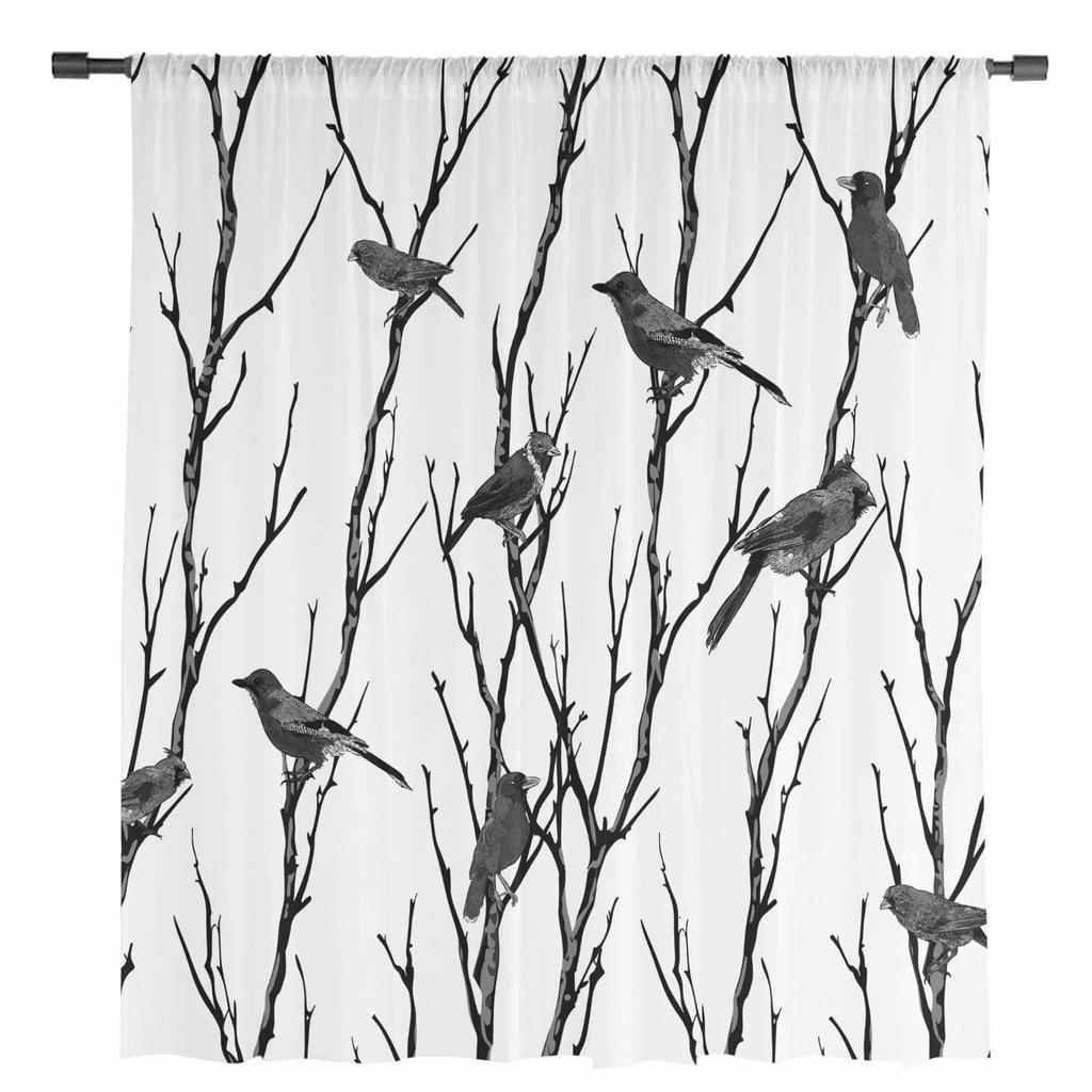 Branch Bird Silhouette Sheer Curtains for Living Room Decoration Window Curtains for Kitchen Tulle Voile Organza Curtains
