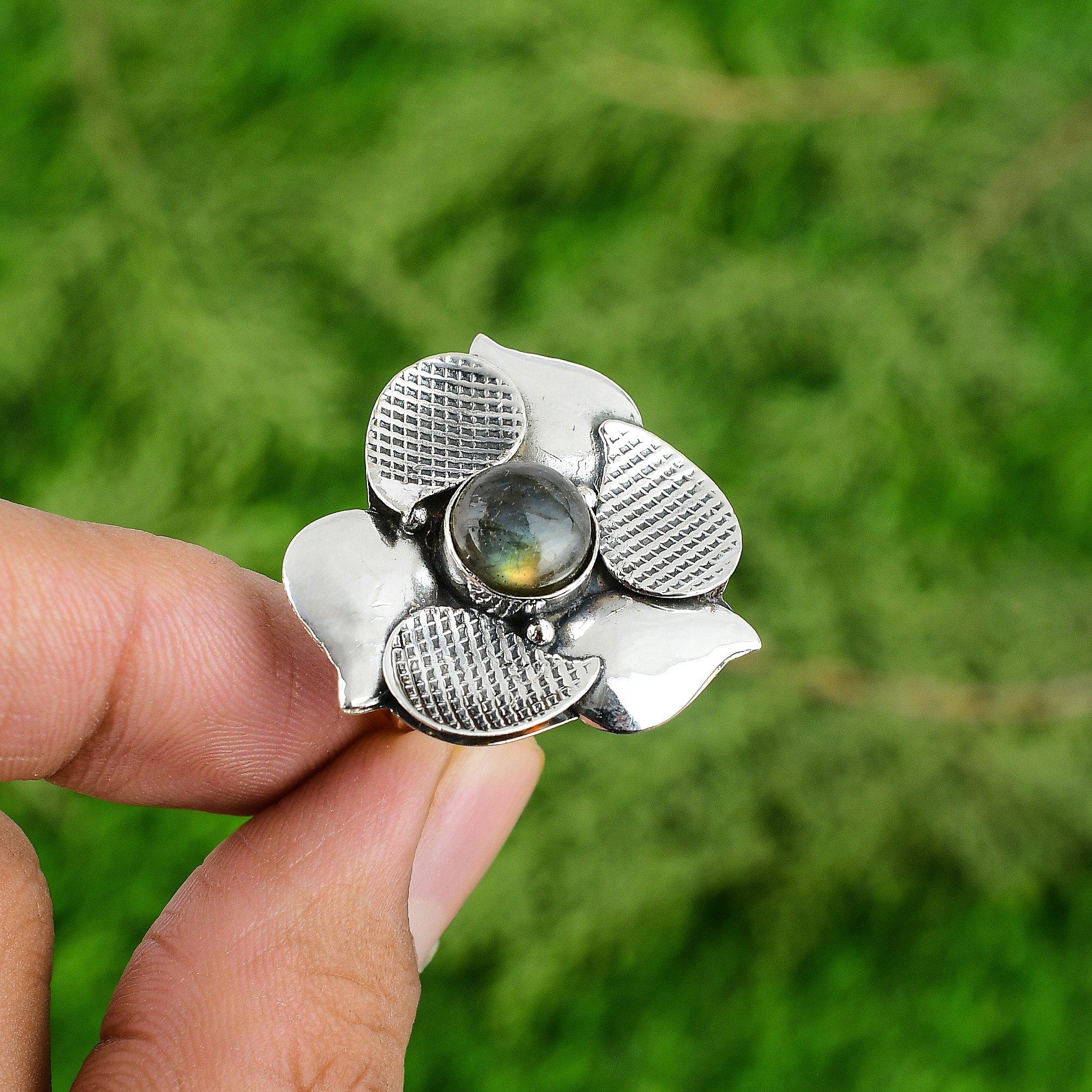 

Gift For Her Natural Labradorite Promise Flower Adjustable Ring 925 Silver Adjustable