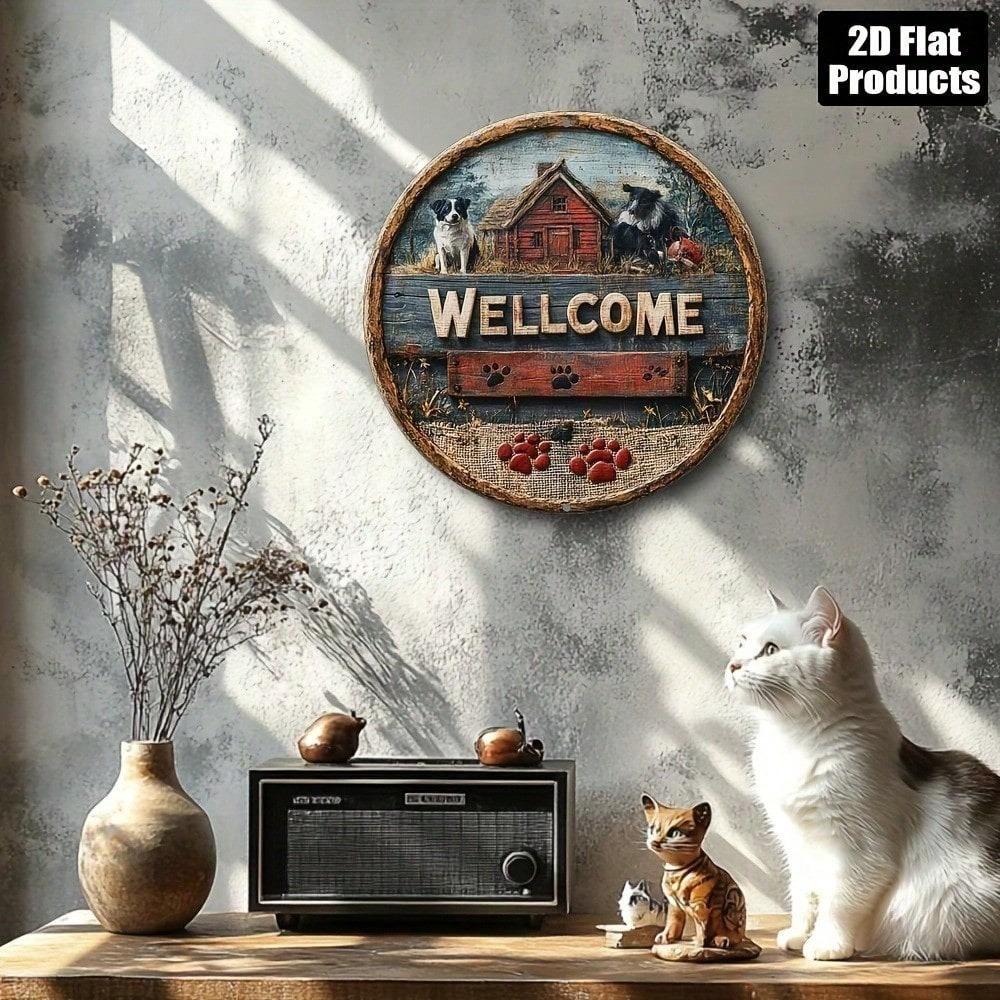 Country Style Welcome Sign Metal Plaque Dog Paw Prints Round Wall Art For Home Bar Kitchen Decor 8x8 Inch