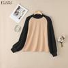 ZANZEA Women Casual Round Neck Long Sleeve Splice Tee Shirts