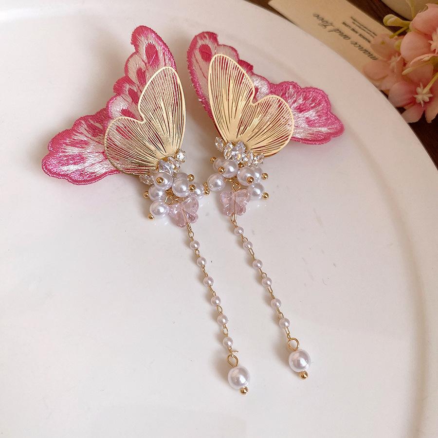 Silver Needle New Chinese Zircon Embroidery Butterfly Tassel Pearl Earrings Light Luxury Premium Stud Earrings Sweet Niche Earrings