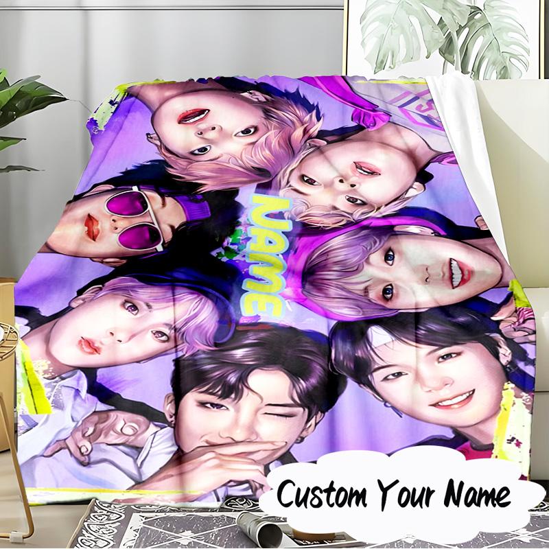 Custom Name Kawaii Stars K-pop Blanket Ideal Bedding Blanket Perfect for Travel, Camping, Living Rooms, Offices, Sofas, Fan Christmas gift