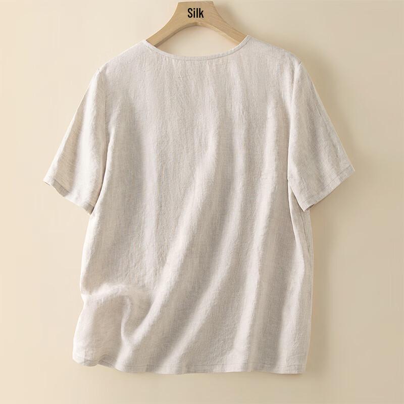 Women's Printed Linen Round Neck Short Sleeve Blouse