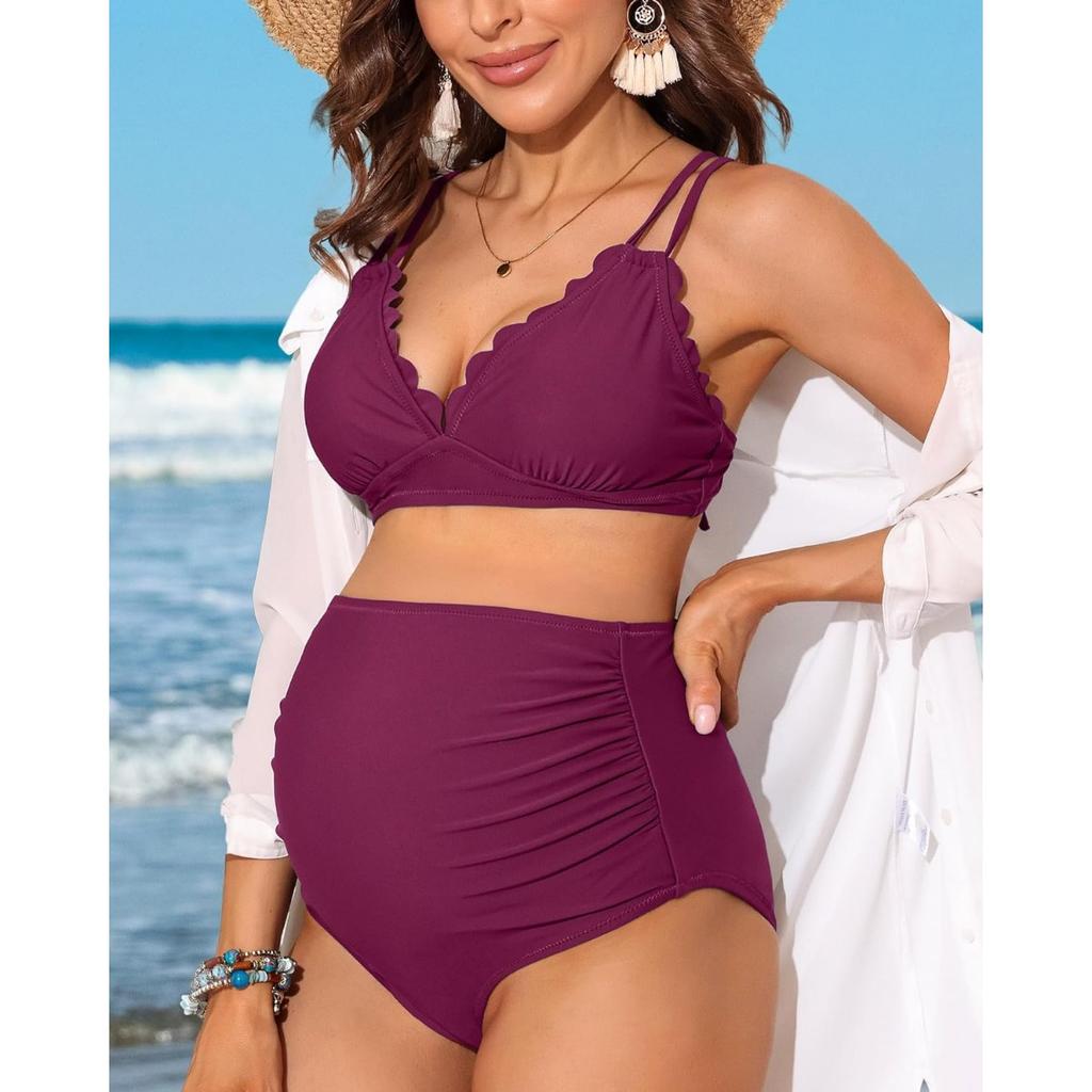 CHARMLEAKS Maternity Swimsuit Women Two Piece High Waist Bikini Scallop Trim Bathing Suit Pregnancy Swimwear