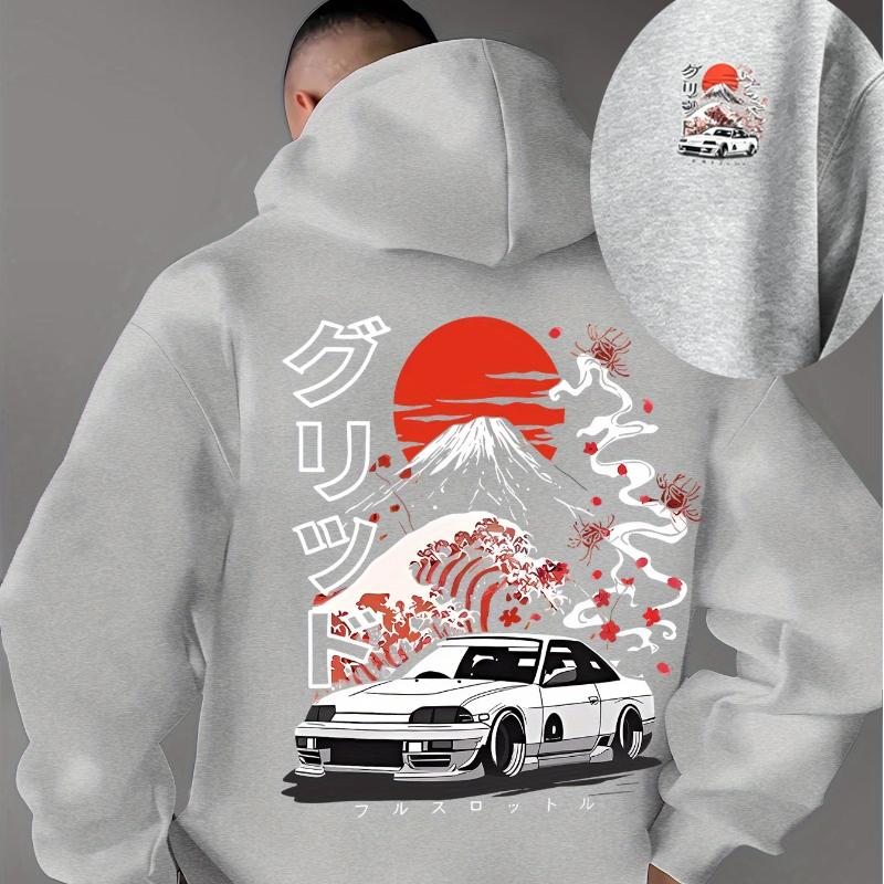 A Men'S Casual Stylish Japanese-Inspired Hoodie Featuring Mountain And Freedom Elements, Long-Sleeved Pullover, Regular Fit.