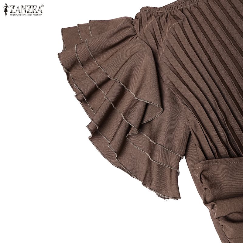 ZANZEA Women Casual Round Neck Ruffles Short Sleeve Loose Pleated Long Dress
