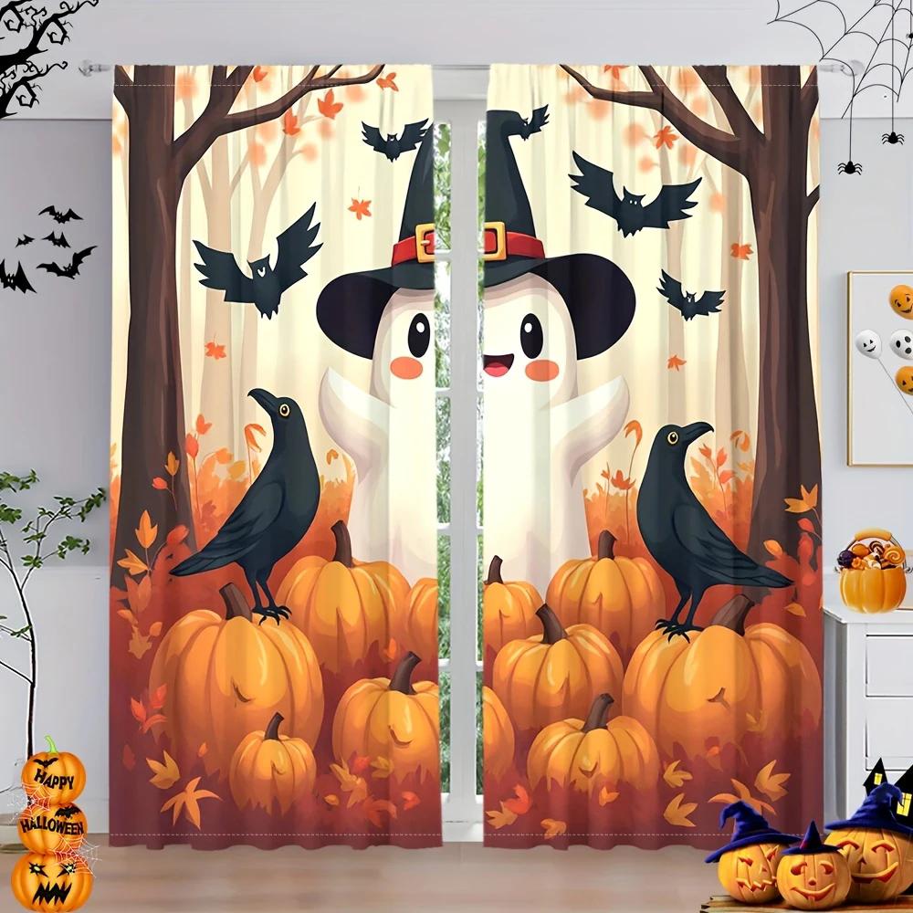 Set Of 2 Halloween Cartoon Ghost Pumpkin Print Curtains Pole Bag Home Decorations Room Made Polyester