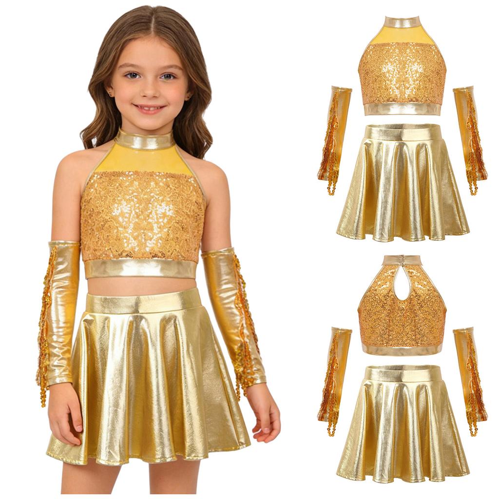 Set Costume da Danza Jazz per Bambini Scintillante Paillettes Crop Top Schiena con Foro Senza Maniche Taglie Forti Gonna a Zampa Metallizzata e Guanti con Frange di Paillettes Gara
