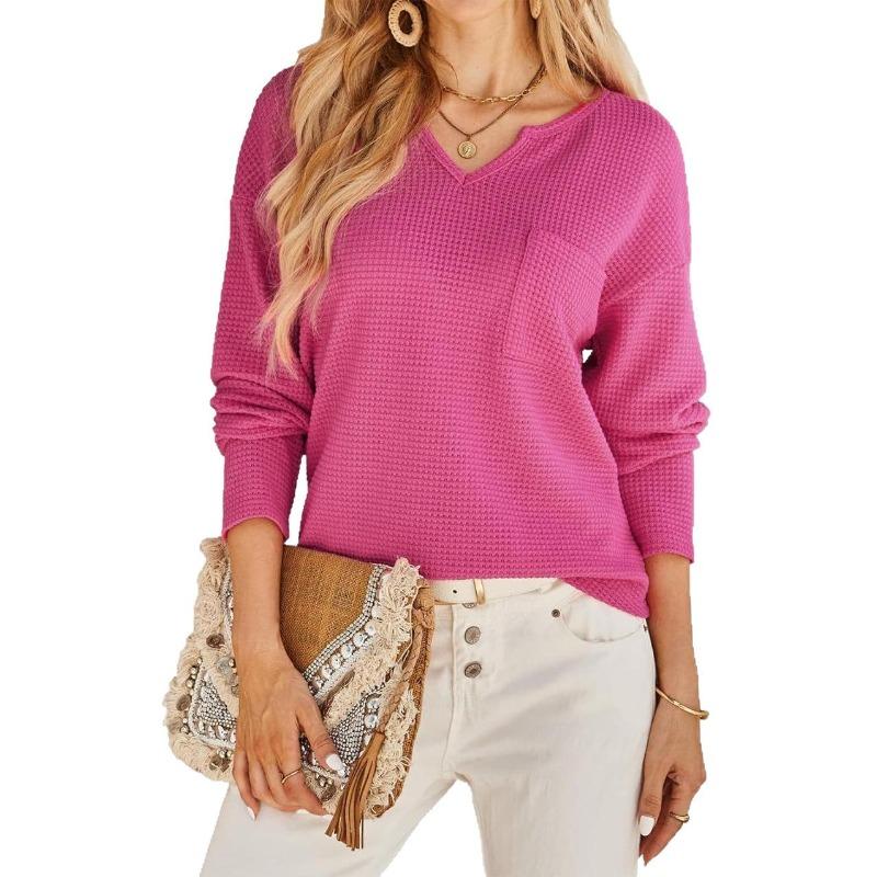 Women s Long-sleeved V-neck Sweater Fashionable Casual Solid Color Waffle T-shirt S розовый