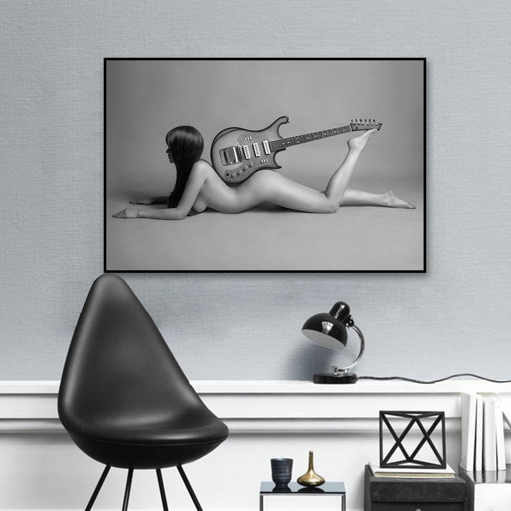 White Blcak Guitarist Wall Art Canvas Paintings Posters Wall Canvas Prints Sexy Women Picture for Living Room Home Decoration