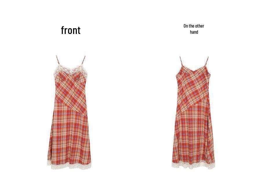 Lined French Lace Plaid One-Shoulder Camisole Dress with Cinched Waist for Women